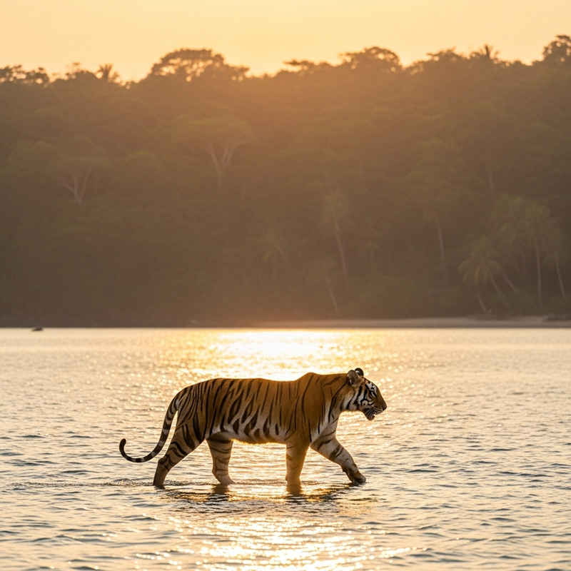 Bengal Tiger Walks along Jungle Shore with Sun Glare on Waves Bengal Tiger Walks along Jungle Shore with Sun Glare on Waves
