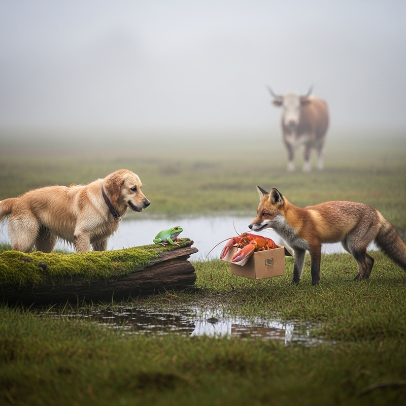 Enchanting Marsh Scene with Playful Dog, Sly Fox, and Curious Ox