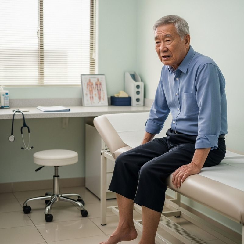 70-Year-Old Man with Swollen Legs in Doctor's Office 70-Year-Old Man with Swollen Legs in Doctor's Office
