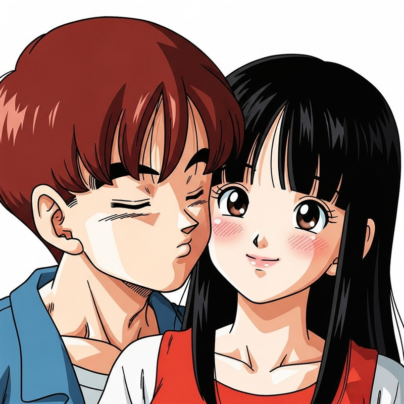 Classic Anime-style Illustration of Romantic Moment Between Young Man and Woman