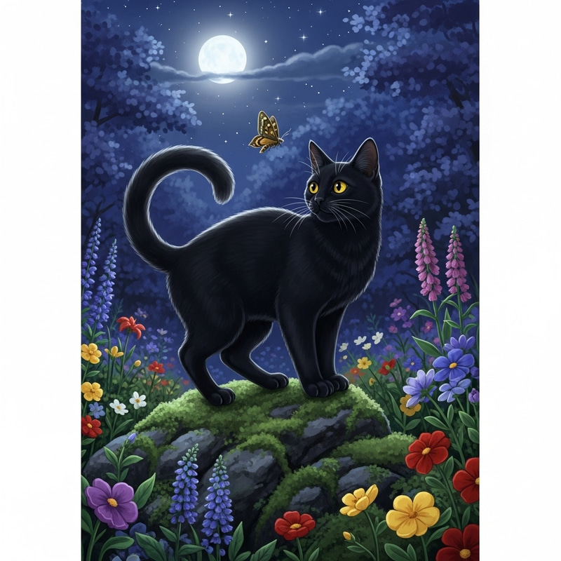 Black Cat in Moonlit Garden - Enchanting Scene Black Cat in Moonlit Garden - Enchanting Scene