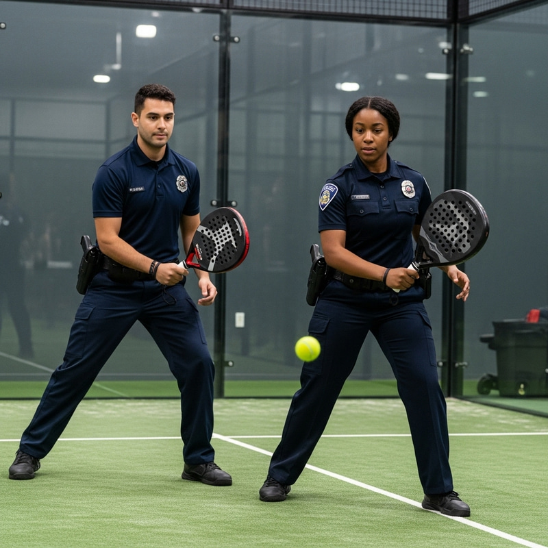 Firefighter and Police Officer Enjoying Padel Game