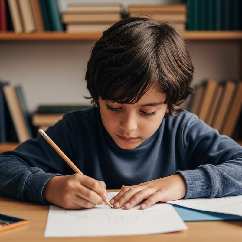 Young Boy Writing at Desk with Paper and Pencil | Creative Scene