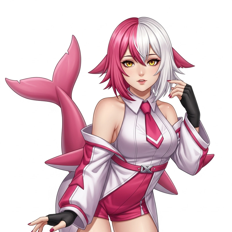 Pink and White Hair Girl with Unique Pink Shark Tail Pink and White Hair Girl with Unique Pink Shark Tail