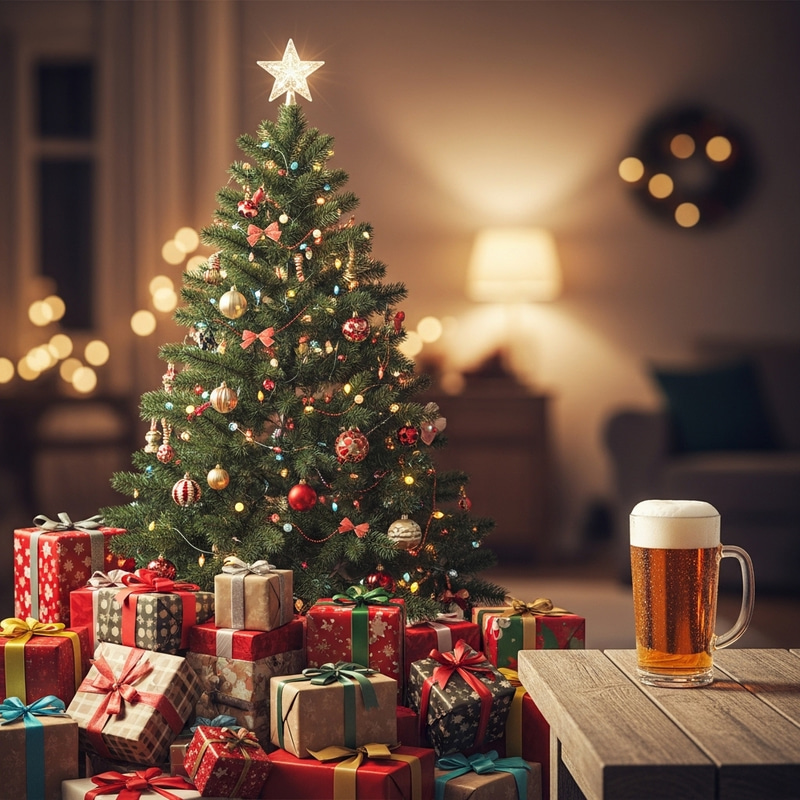 Christmas Tree Gifts & Beer: Festive Holiday Scene Christmas Tree Gifts & Beer: Festive Holiday Scene