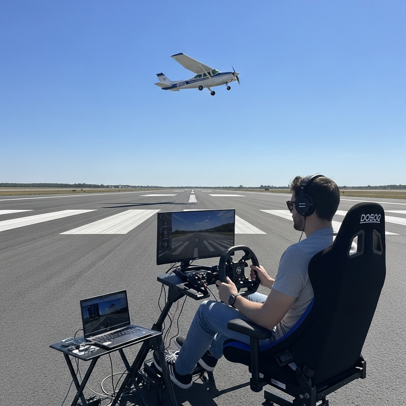 Sim Racer on Airport Runway Contrasted by Flying Cessna Aircraft Sim Racer on Airport Runway Contrasted by Flying Cessna Aircraft