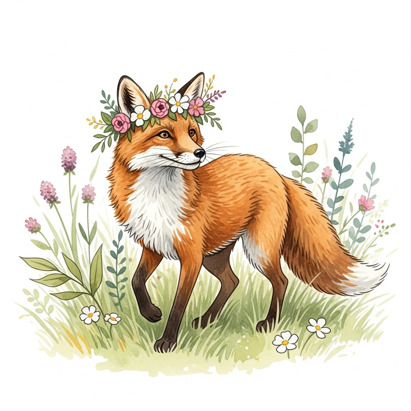 Whimsical Fox with Flower Crown in Lush Meadow - Nature-Inspired Watercolor Fantasy Art