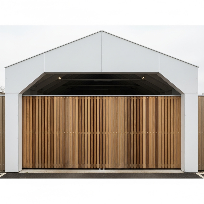 Large White Garage with Sloping Roof and Wooden Gates