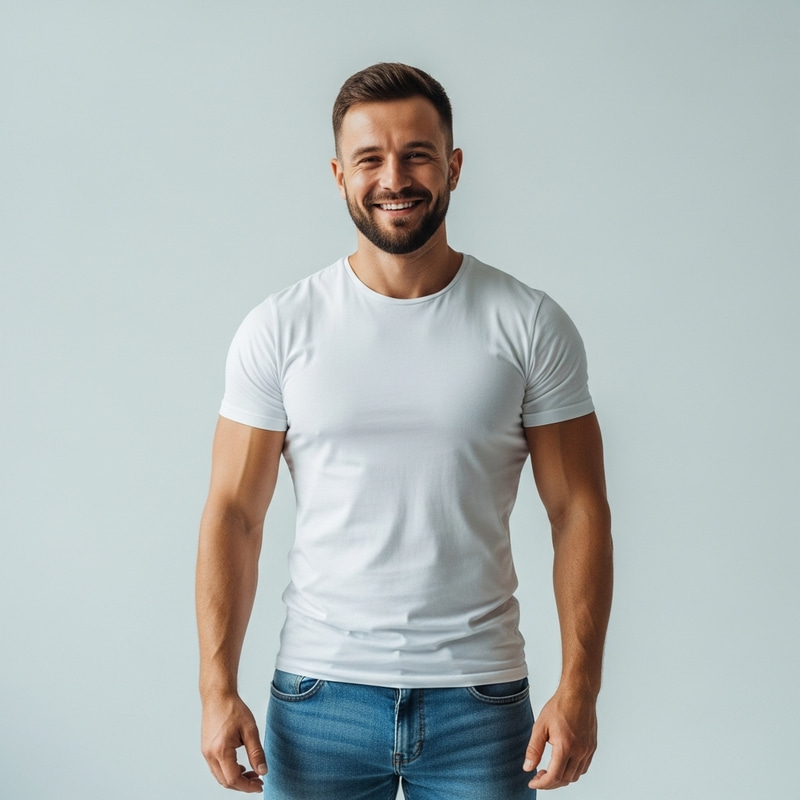 Smiling European Man in Blue Jeans & White Shirt