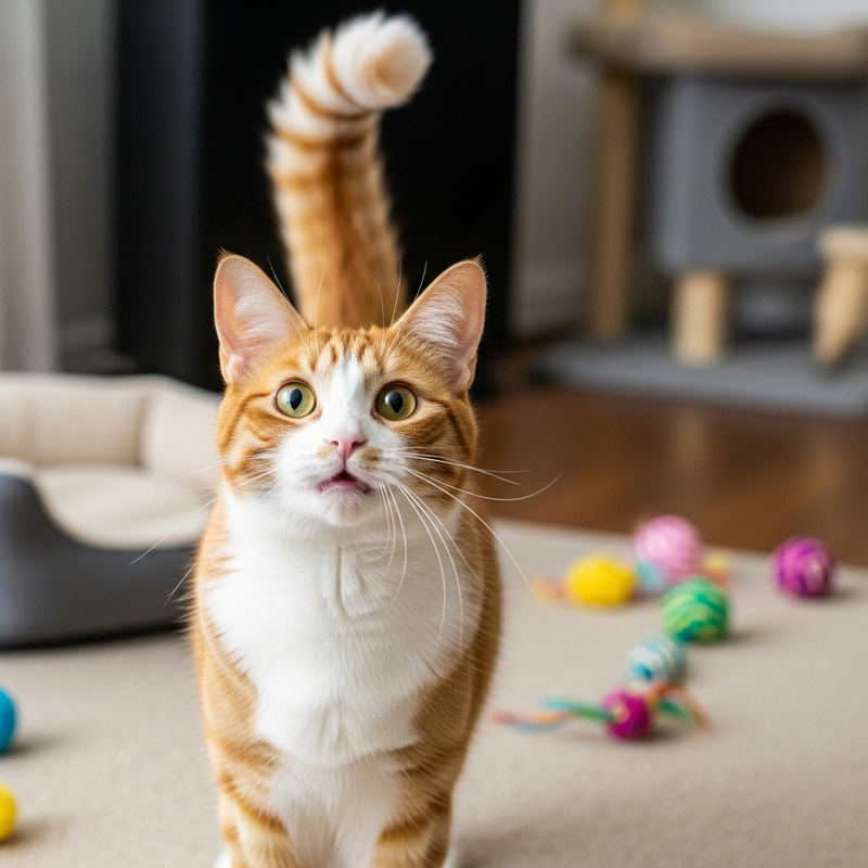 Excited Orange and White Cat in Cozy Living Room Excited Orange and White Cat in Cozy Living Room