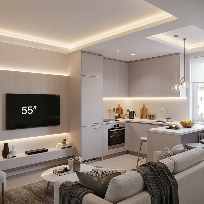 Contemporary Small Apartment with Integrated Kitchen and 55-inch TV Panel Contemporary Small Apartment with Integrated Kitchen and 55-inch TV Panel