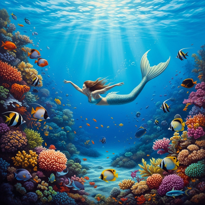 Dreamlike Underwater Fantasy: Mermaid, Coral Reefs & Exotic Fish Dreamlike Underwater Fantasy: Mermaid, Coral Reefs & Exotic Fish