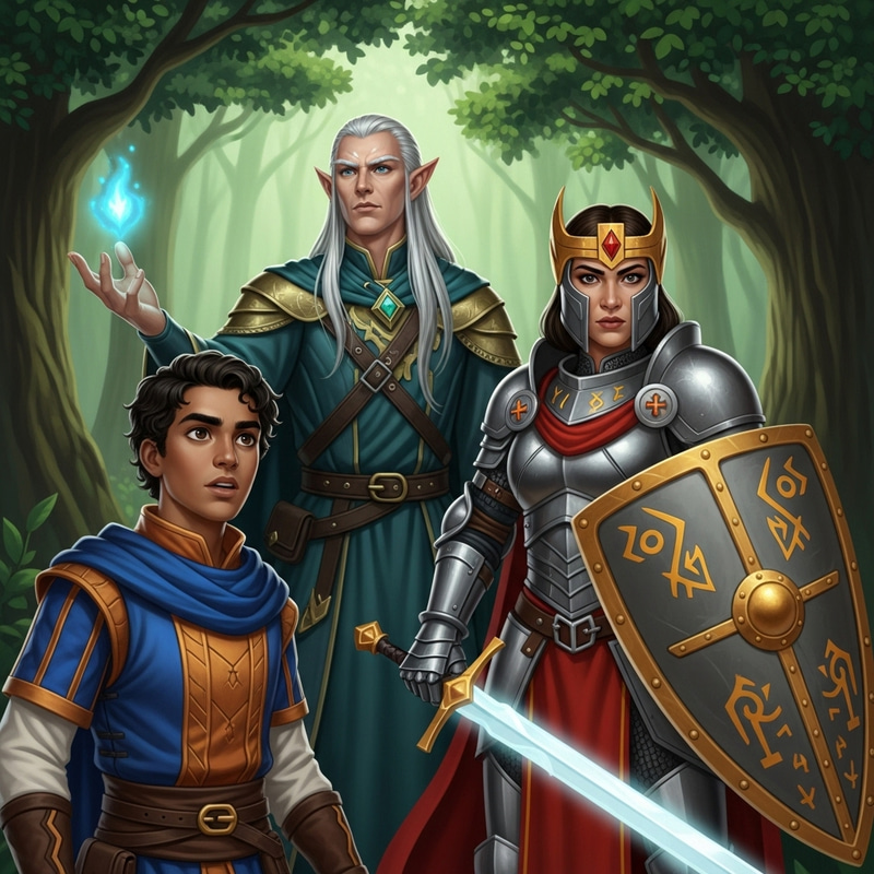 Mystical Encounter of Gray-Haired Elf, Young Man & Paladin