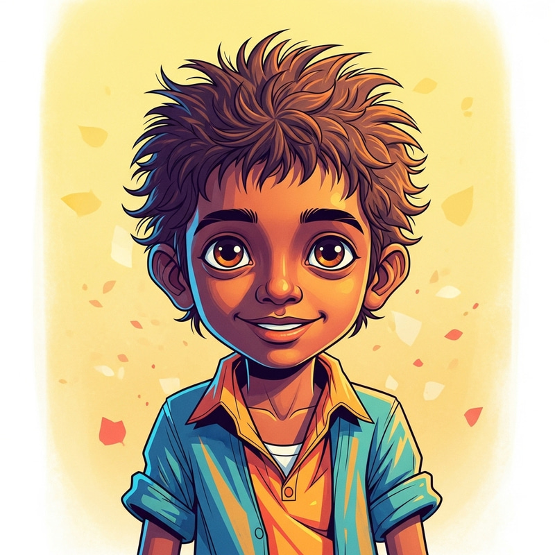 Indian Boy with Dark Skin, Frizzy Curly Hair in Diamond Face Shape