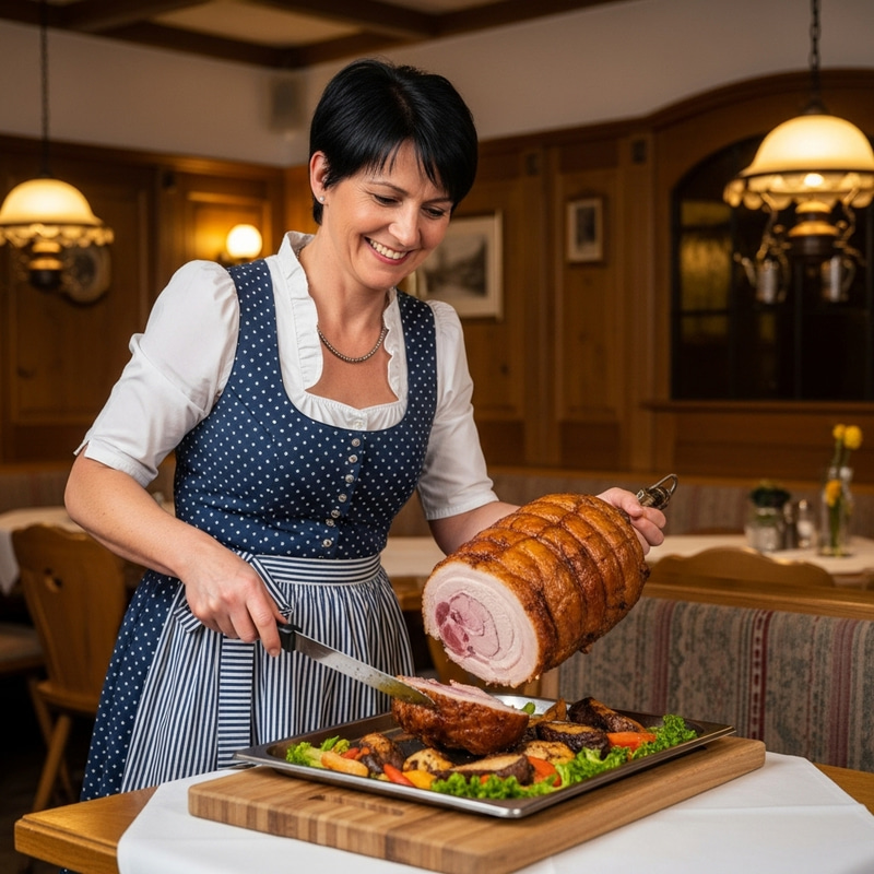 Caucasian German Woman Serving Roast Pork in Traditional Bavarian Restaurant Caucasian German Woman Serving Roast Pork in Traditional Bavarian Restaurant