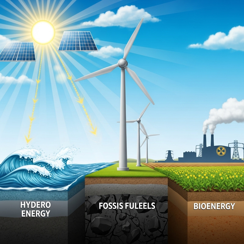 Diverse Energy Sources Illustration: Solar, Hydro, Wind & More Diverse Energy Sources Illustration: Solar, Hydro, Wind & More