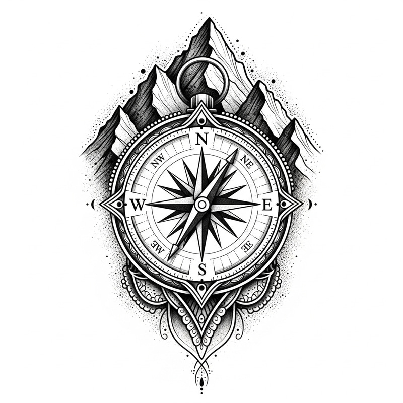 Detailed Black and White Compass Tattoo Design with Mountain Theme