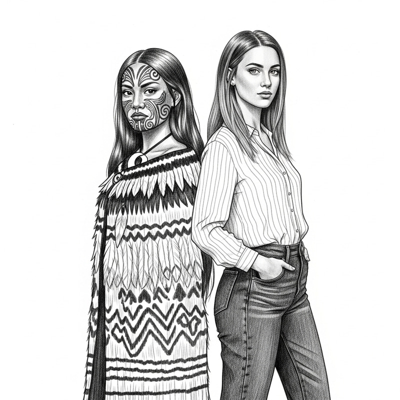 19th-Century Maori & British Girls Sketch: Cultural Fusion