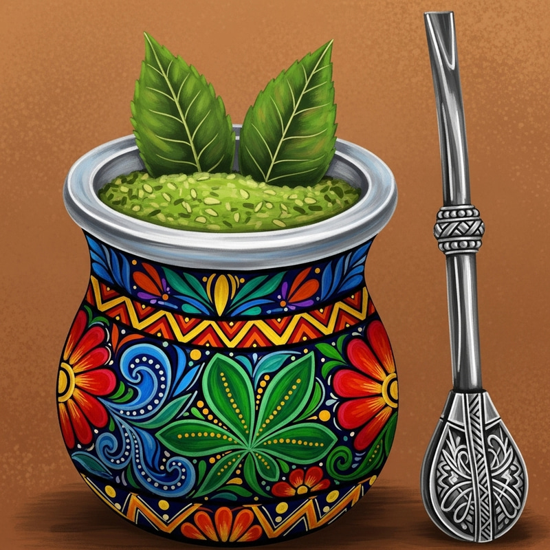 Vibrant Yerba Mate Gourd & Bombilla Art, Latin American Folk Style Vibrant Yerba Mate Gourd & Bombilla Art, Latin American Folk Style