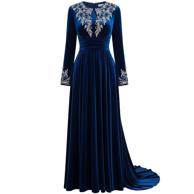 Elegant Blue Velvet Dress with Sapphire Embroidery | Exquisite Design Elegant Blue Velvet Dress with Sapphire Embroidery | Exquisite Design