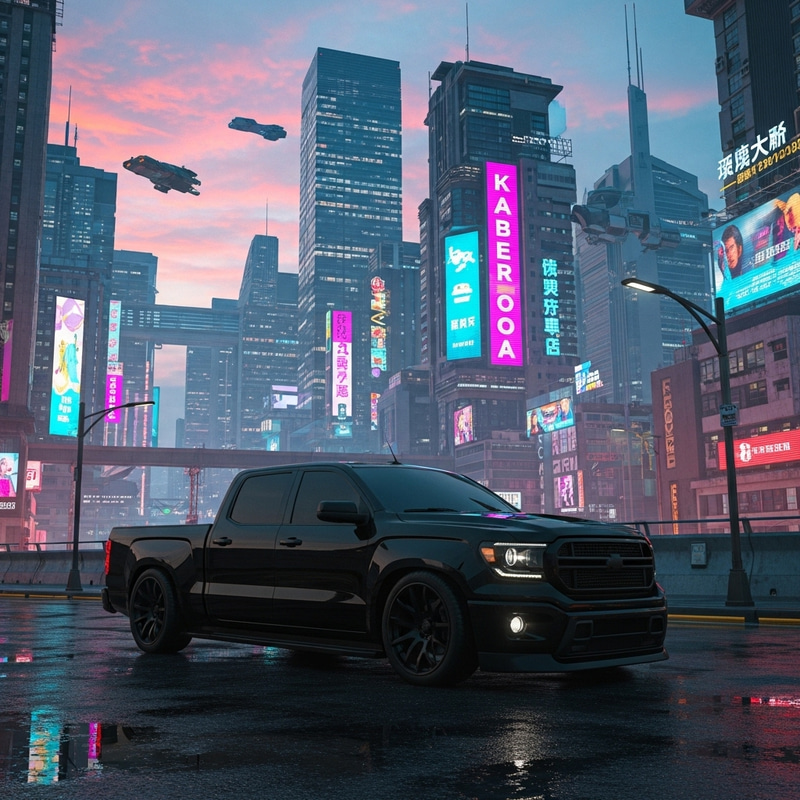 Black Tinted Pickup Truck in Cyberpunk Cityscape Black Tinted Pickup Truck in Cyberpunk Cityscape