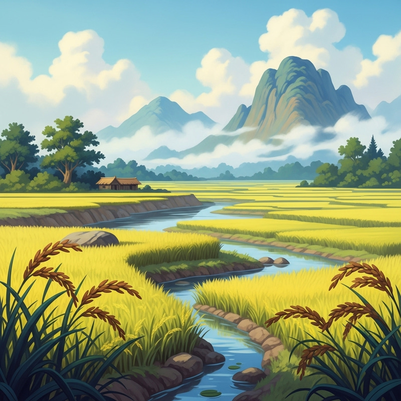 Scenic Rice Field Cartoon Art from Ancient China Scenic Rice Field Cartoon Art from Ancient China