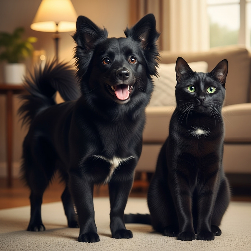 Black Fluffy Dog and Sleek Cat in Cozy Living Room Black Fluffy Dog and Sleek Cat in Cozy Living Room