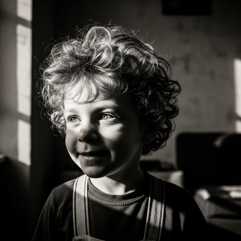 Captivating Vintage-Style Photo of Young Boy with Wild Curly Hair Captivating Vintage-Style Photo of Young Boy with Wild Curly Hair