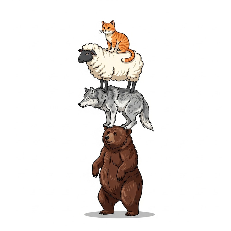 Animal Tower Balancing Act: Cat, Sheep, Wolf, Bear Animal Tower Balancing Act: Cat, Sheep, Wolf, Bear