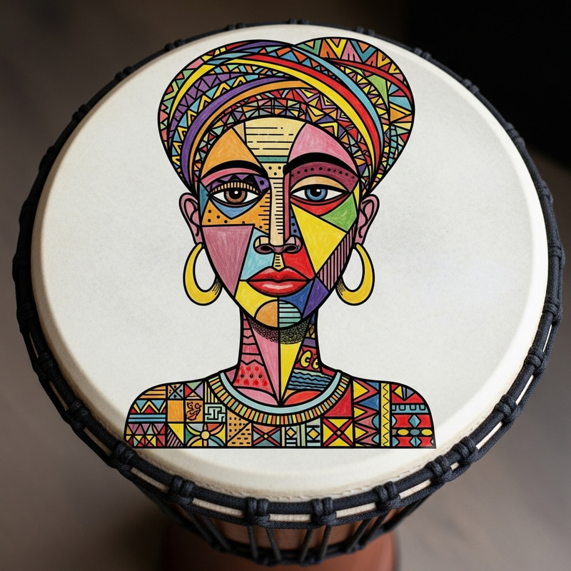Cubist Style Djembe Drum | Colourful African Woman Illustration Cubist Style Djembe Drum | Colourful African Woman Illustration