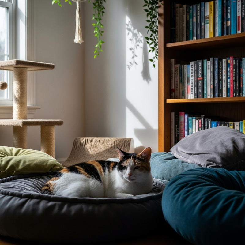 Cozy Living Room Scene with Domestic Short-Haired Cat - Serene Atmosphere