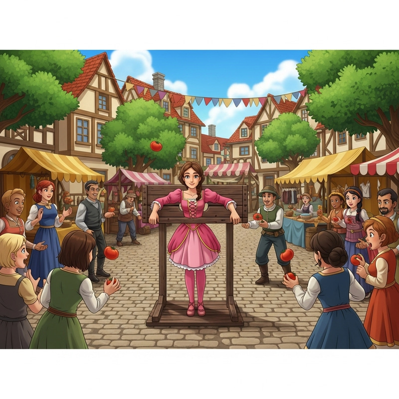 Young Woman in Pink Princess Outfit at Village Square Pillory Scene Young Woman in Pink Princess Outfit at Village Square Pillory Scene