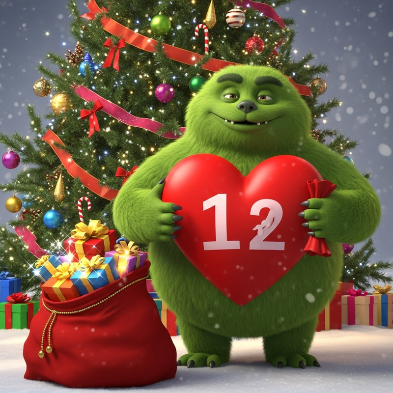 Grinch Christmas - Festive Green Creature with Heart & Presents Grinch Christmas - Festive Green Creature with Heart & Presents