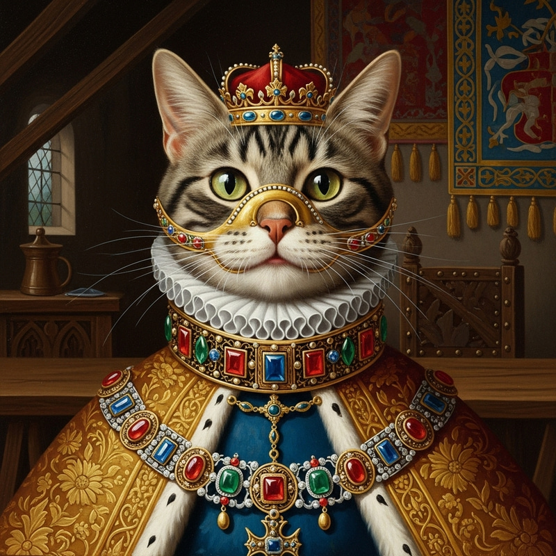 Medieval Cat with Ridiculous Muzzle and Royal Decorations