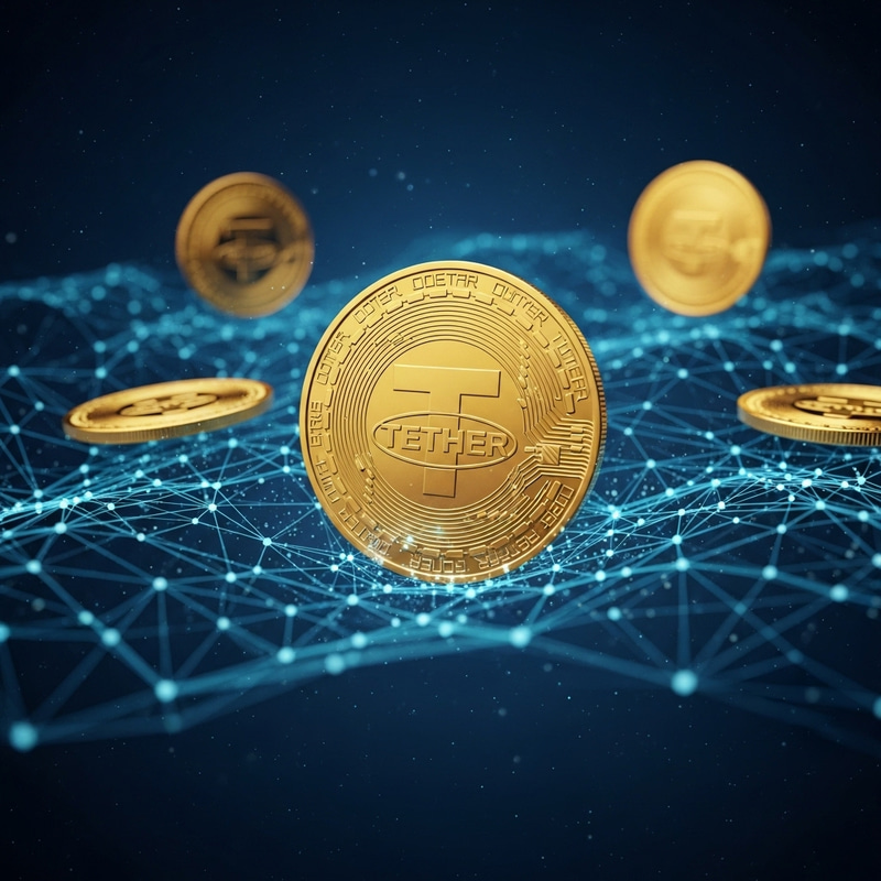 Golden USDT Stablecoin Coins | Blockchain Network Visualized