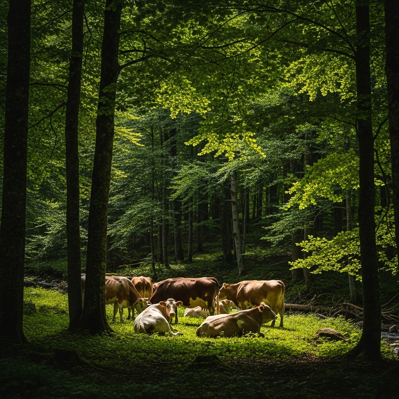 Serene Cows in the Forest - Tranquil Nature Scene Serene Cows in the Forest - Tranquil Nature Scene