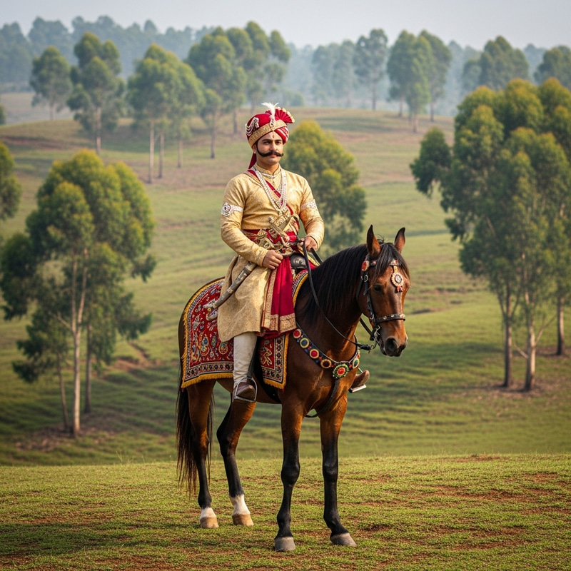 Indian Hindu King on Horseback in Traditional Attire Indian Hindu King on Horseback in Traditional Attire