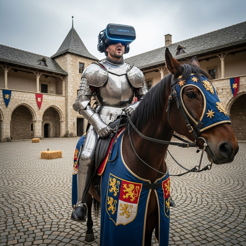 Medieval Knight in VR Headset Sees Future at 16th Century Castle Medieval Knight in VR Headset Sees Future at 16th Century Castle