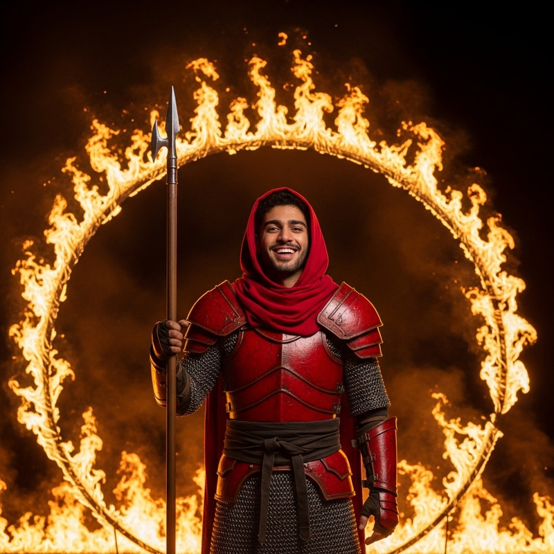 Fearless Duelist in Red Chain Armor Amidst Fire Fearless Duelist in Red Chain Armor Amidst Fire