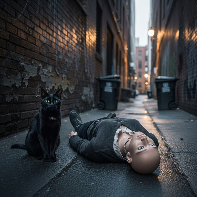 Headless Body and Cat in Alley - Startling Scene in the Middle of the Street Headless Body and Cat in Alley - Startling Scene in the Middle of the Street