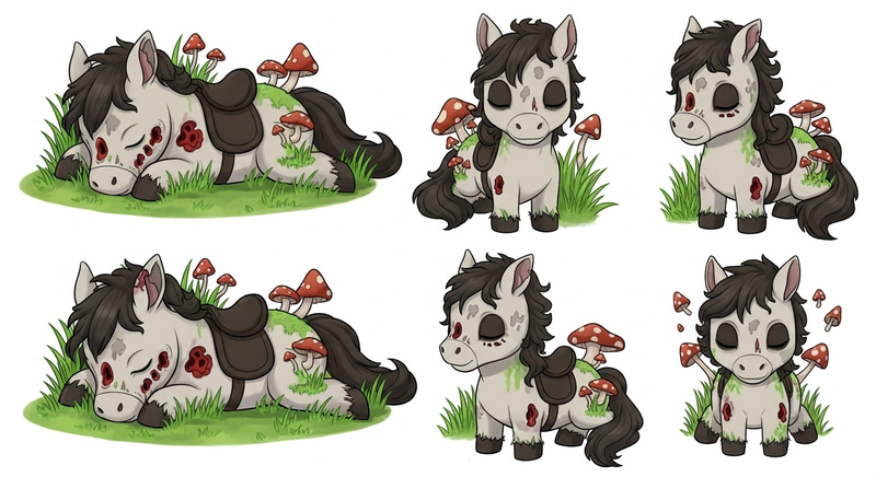 Cute Undead Chibi Horse Reference Sheet | Whimsical Fantasy Art Cute Undead Chibi Horse Reference Sheet | Whimsical Fantasy Art