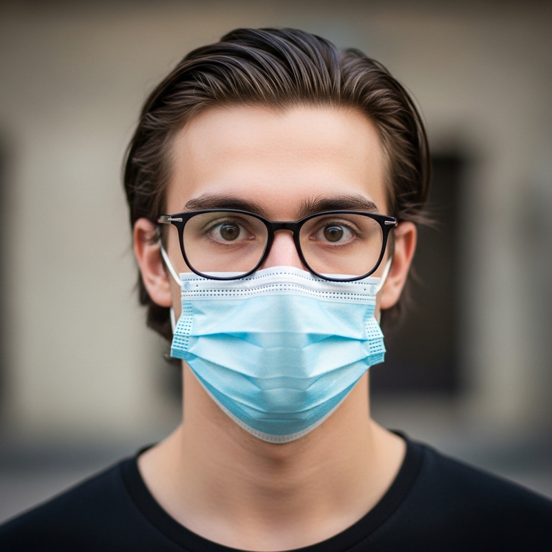 Average Young Man with Brown Eyes and Surgical Mask