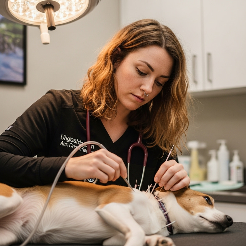 Female Veterinarian Performing Acupuncture on Calm Pet in Serene Environment Female Veterinarian Performing Acupuncture on Calm Pet in Serene Environment