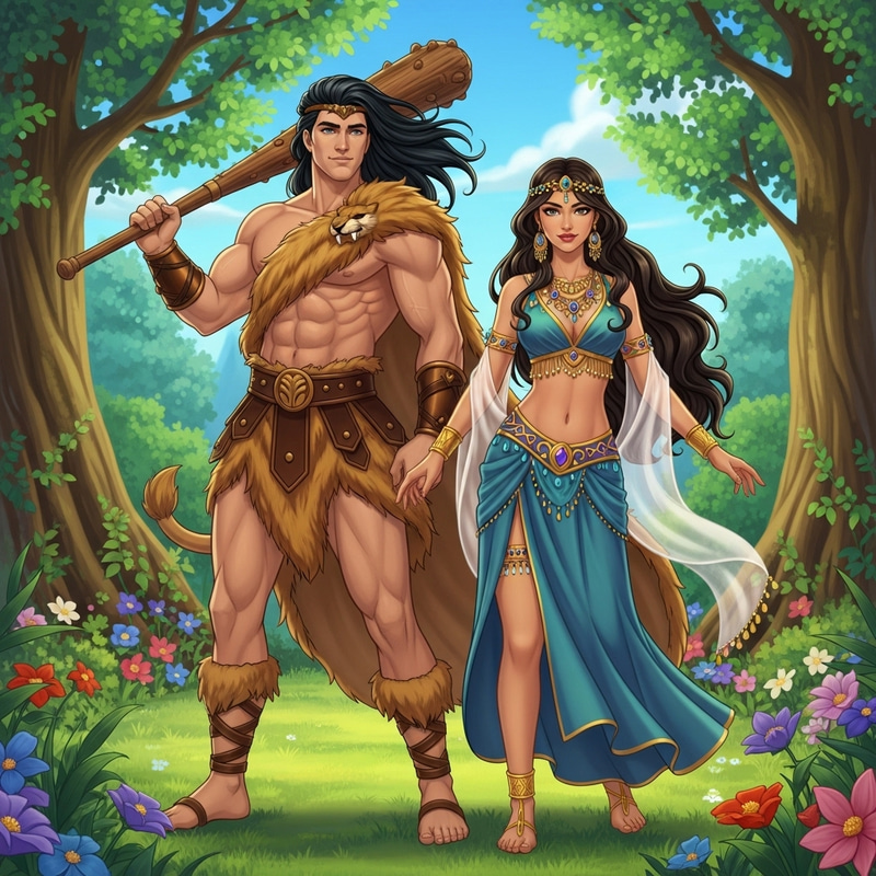 Colorful Illustration of Hercules and Delilah from Mythology Colorful Illustration of Hercules and Delilah from Mythology