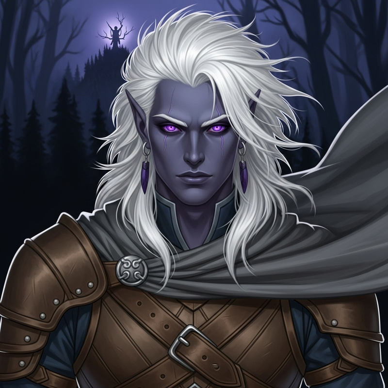 Half-Drow Male with Exotic Lilac Eyes | Enigmatic Adventurer Character