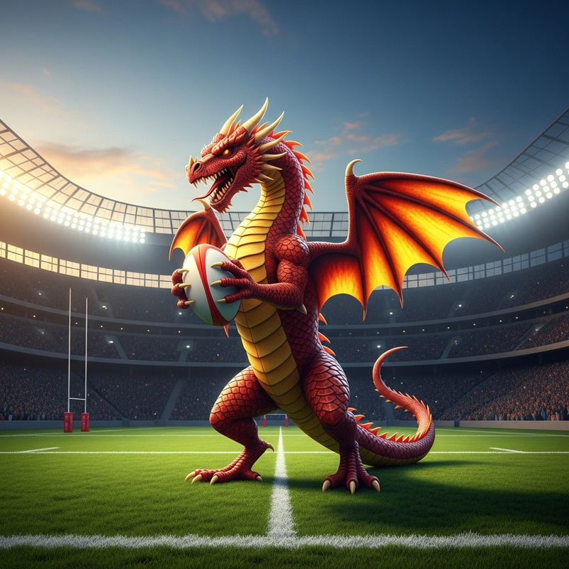 Ferocious Red and Yellow Dragon in Rugby Stadium - Fantasy Illustration Ferocious Red and Yellow Dragon in Rugby Stadium - Fantasy Illustration