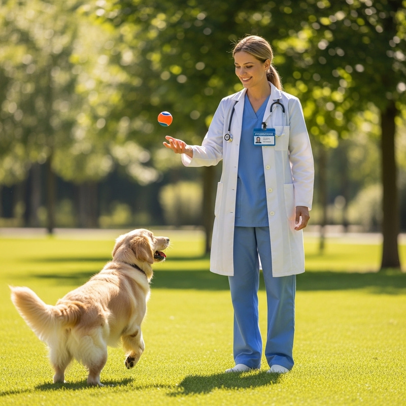 Relaxing Park Scene: Healthcare Professional Enjoying Sunny Day with Dog