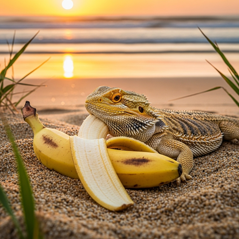 Bearded Dragon Eating Banana on Serene Beach - Enchanting Scene Bearded Dragon Eating Banana on Serene Beach - Enchanting Scene