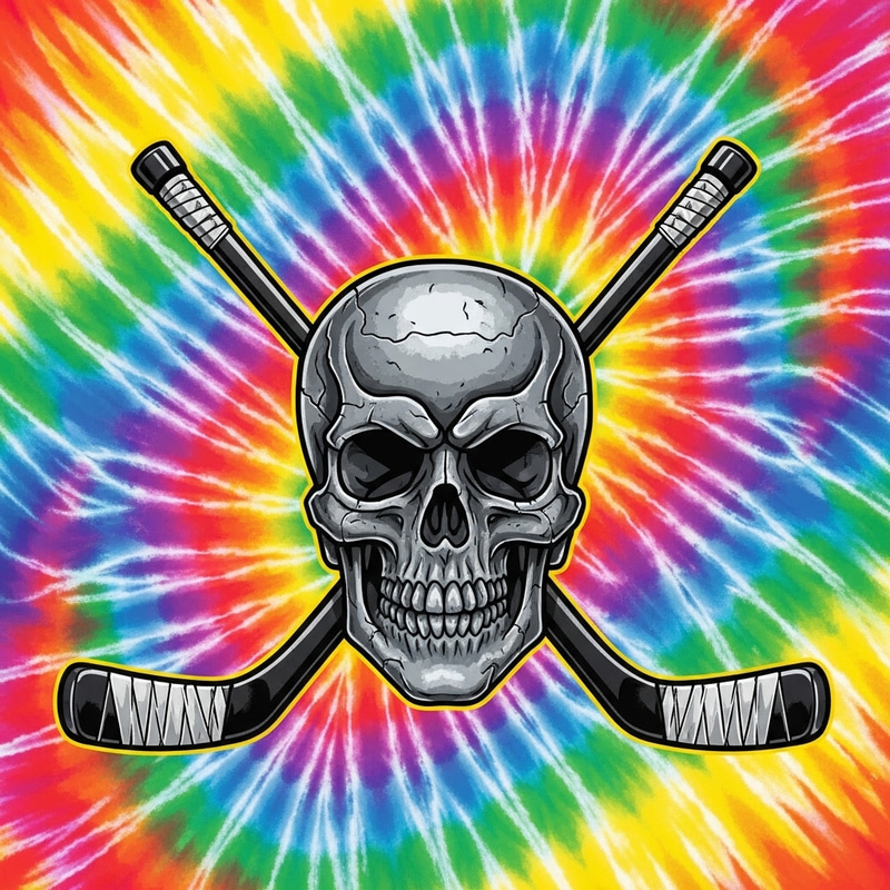 Psychedelic Steel Skull with Ice Hockey Sticks - Tie Dye Art