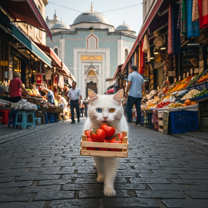 Cat Carrying Crate of Tomatoes in Turkey Cat Carrying Crate of Tomatoes in Turkey